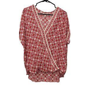 Max Studio Womens Red White Printed Loose Fit Blouse Top Sz L